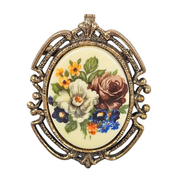 Vintage Goldtone Floral Flower Printed Milk Glass 2.5" Oval Brooch Pin Pendant - Picture 1 of 7